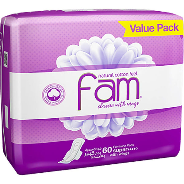 Fam Maxi Sanitary Pads with Wings, Natural Cotton Feel, Individually Wrapped, 60 Pack