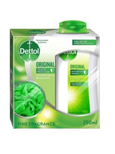 Dettol Original Shower Wash Antibacterial Body Wash Pine Scent 250ml with Loofah