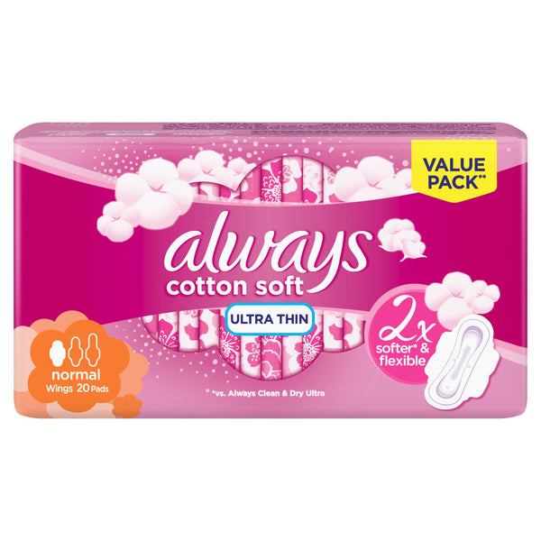 Always Cotton Soft Ultra Thin Normal Sanitary Pads with Wings, 20 Count