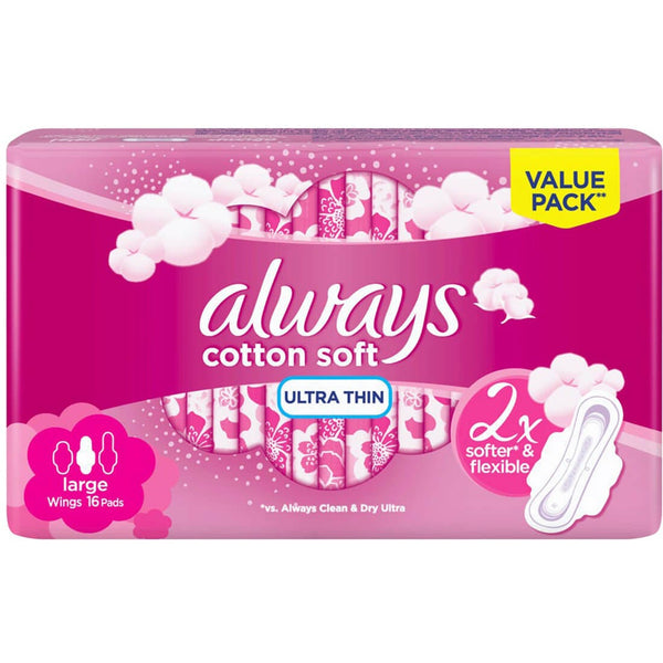Always Cotton Soft Ultra Thin Large Sanitary Pads with Wings, Soft Top Sheet, 16 Count