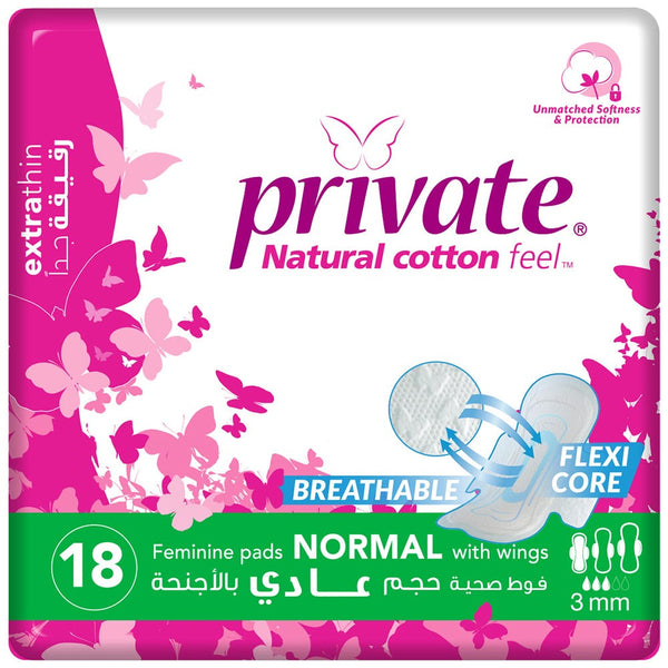 Private Extra Thin Sanitary Pads with Wings, Regular, 18 Pack