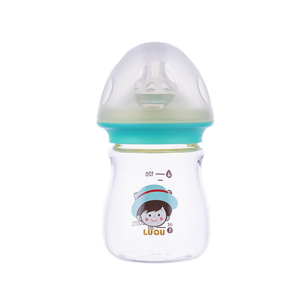 Luqu Glass Feeding Bottle Wide Neck Vented Nipple Green 120ml