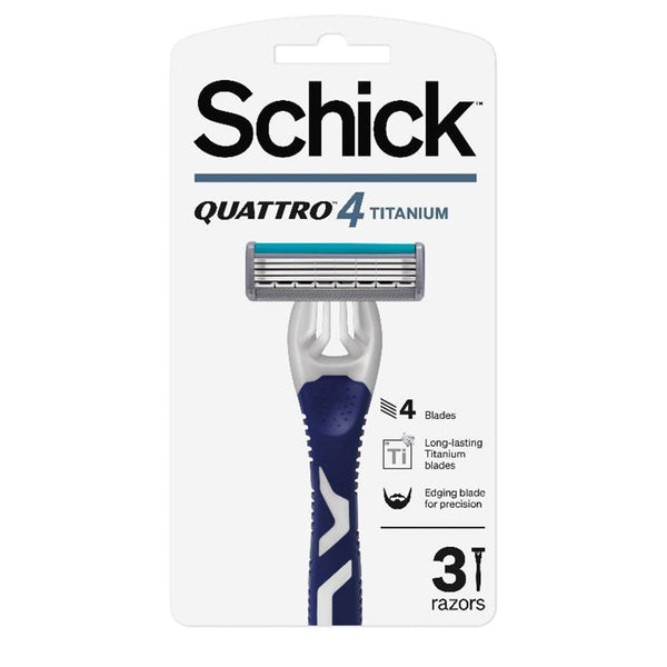 Schick QUATTRO4 Men's Razors, 4 Titanium-Coated Blades, Aloe Vitamin E B5, 3 Pack