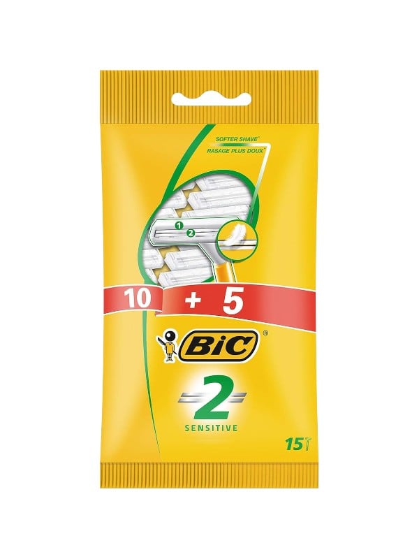 BIC Sensitive 2 Disposable Razors, Two-Blade Sensitive Skin Shavers, 15 Blades