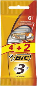 BIC 3 Sensitive Men's Disposable Razors Triple Blade Aloe Vitamin E 6 Pieces