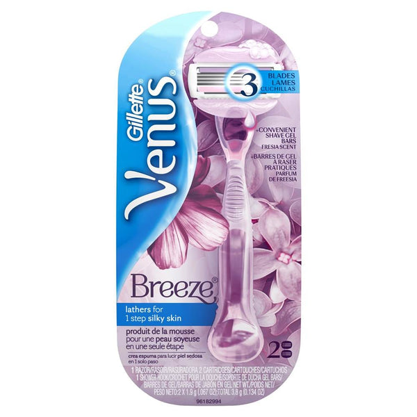 Gillette Venus Breeze Women's Razor, 3-Blade Cartridge with Built-In Shave Gel Bars, 1 Piece