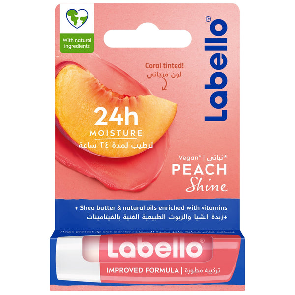 Labello Peach Shine Lip Balm Moisturizing Formula Peach Scent 4.8G