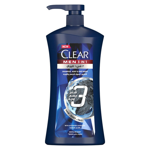 CLEAR MEN Complete Care 3-in-1 Shampoo, Face & Body Wash with Activated Charcoal, 900 ml