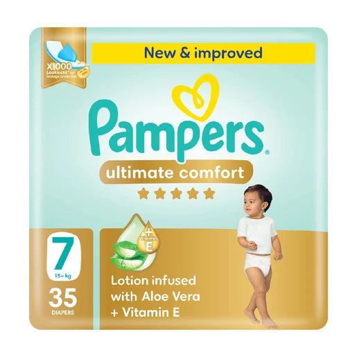 Pampers Ultimate Comfort Taped Diapers Size 7, Absorbent Core, 15+ kg, 35 Pack
