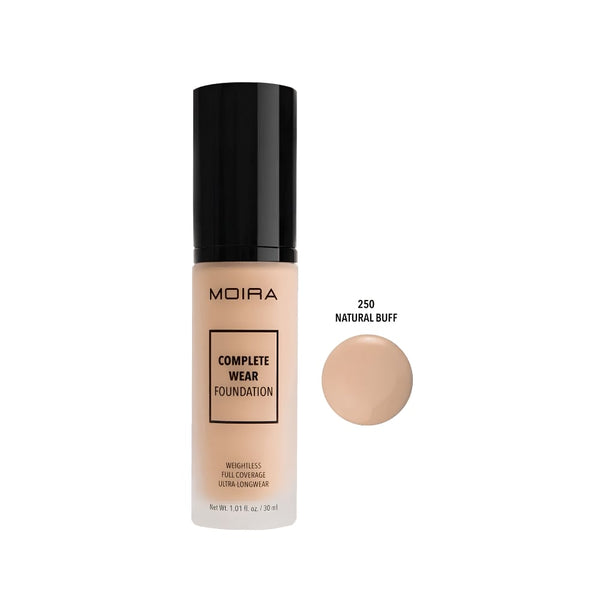 Moira Complete Wear Foundation Liquid Natural Matte Niacinamide Peptides 250 Natural Puff
