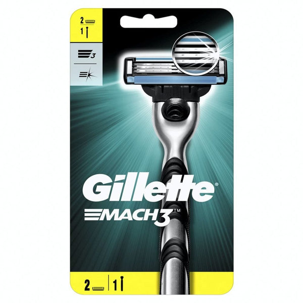 Gillette Mach3 Razor Handle with 2 Blade Refills, 3-Blade Technology, Lubrication Strip