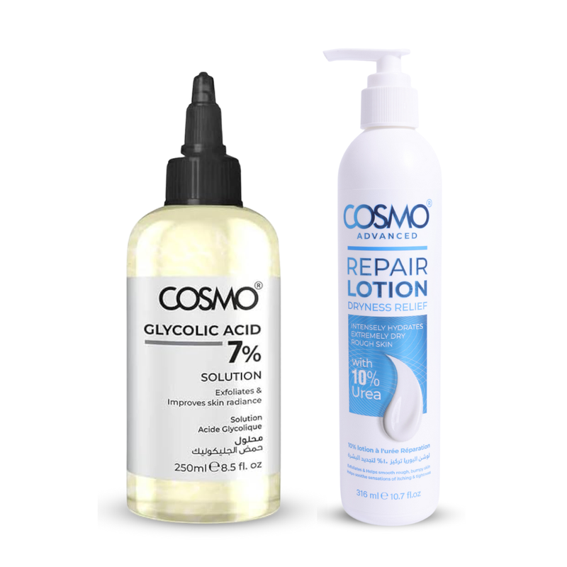 Cosmo Body Scrub, Moisturiser & Brightening Set with 7% Glycolic Acid and 10% Urea