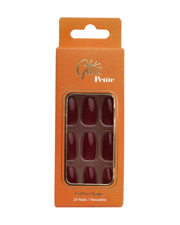 Petite Coffin Press-On Nails, Burgundy Red #11, 24 Sizes, Reusable