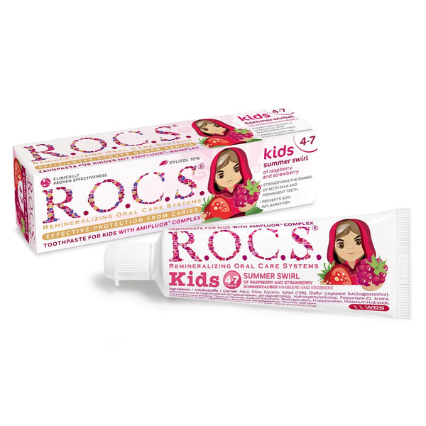 ROCS Kids Raspberry & Strawberry Toothpaste with Amifluor Complex, 35ml, Ages 4-7