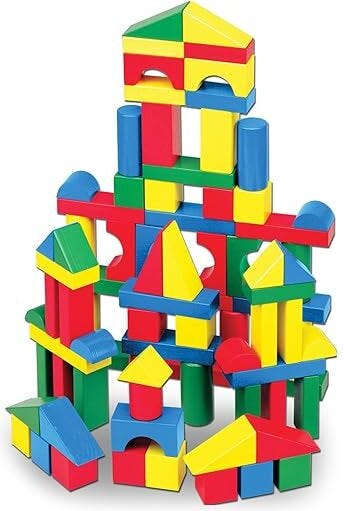 Melissa & Doug Wooden Building Blocks Set, 100 Pieces, 4 Colors, 9 Shapes
