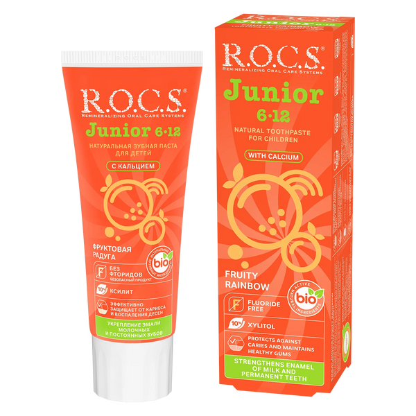R.O.C.S. Junior Fruity Rainbow Toothpaste, Calcium and Xylitol, Fluoride-Free, Children 6 to 12 Years