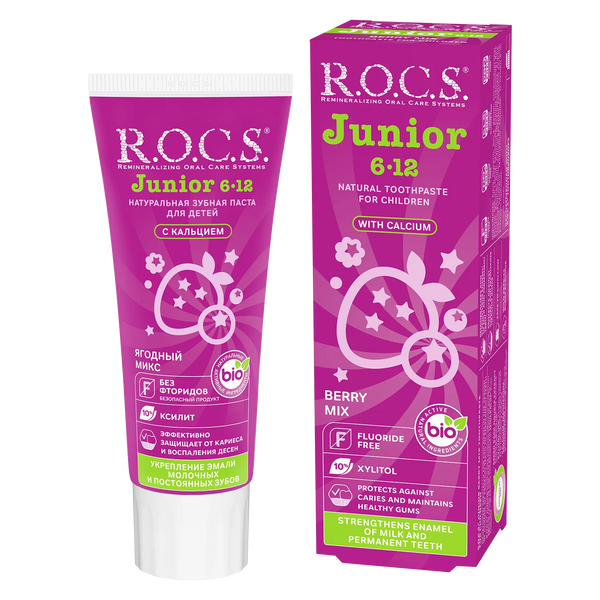 R.O.C.S. Junior Berry Mix Fluoride-Free Toothpaste Calcium Xylitol Children 6-12 Years