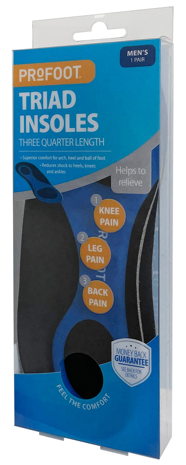 Profoot Triad Insoles for Men, Three-Quarter Length Arch, Heel and Forefoot Support, 1 Pair