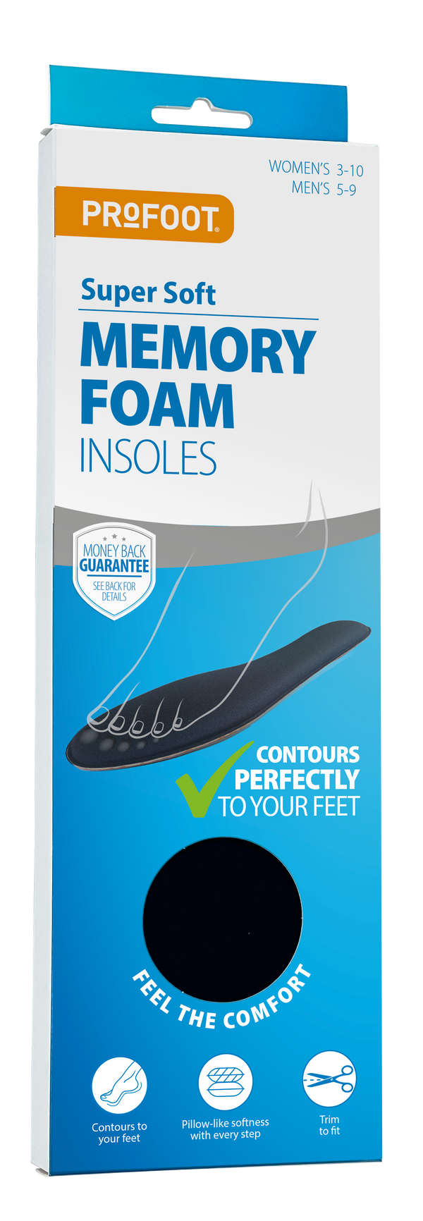 Profoot Memory Foam Insoles, Non-Slip Cushioned Pair, Trim to Fit