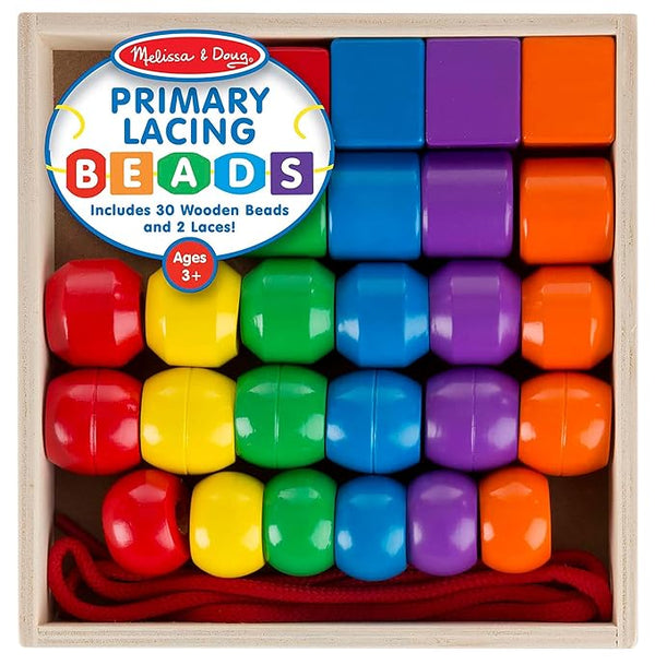 Melissa & Doug Primary Lacing Beads Educational Toy, 8 Wooden Beads with 2 Laces