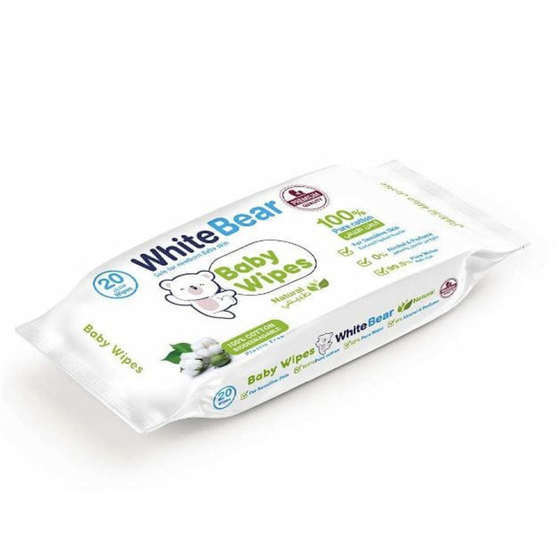 White Bear Natural Baby Wipes Cotton Moisturizing Formula 20 Wipes