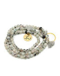 Min Maadan Alensan Subha Prayer Beads with Ring, 99 Kiwi Jasper Beads, Gray and Black, 18K Gold-Plated Pendant