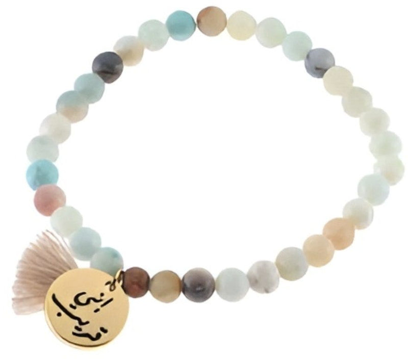 Min Maadan Alensan Amazonite Natural Stone Subha Bracelet, 33 Beads, 18K Gold-Plated Pendant