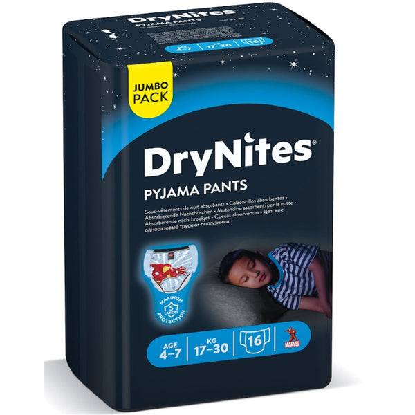 Huggies DryNites Boys Pyjama Pants Absorbent Overnight Protection Ages 4-7, 16 Piece