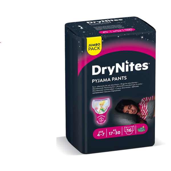 HUGGIES DryNites Girls Pyjama Pants, Night-Time Protection, 4-7 Years, 16 Pack