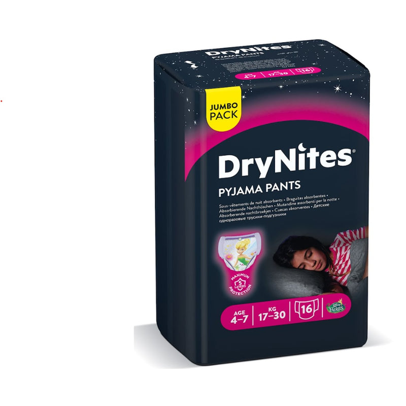 HUGGIES DryNites Girls Pyjama Pants, Night-Time Protection, 4-7 Years, 16 Pack