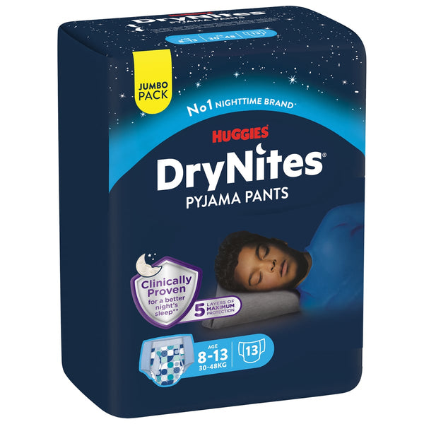 Huggies DryNites Boys Nighttime Pajama Pants 5-Layer Protection 13 Pack, Ages 8-13