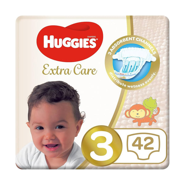 HUGGIES Extra Care Baby Nappies Size 3, 42 Pack, Suitable for 4-9 kg