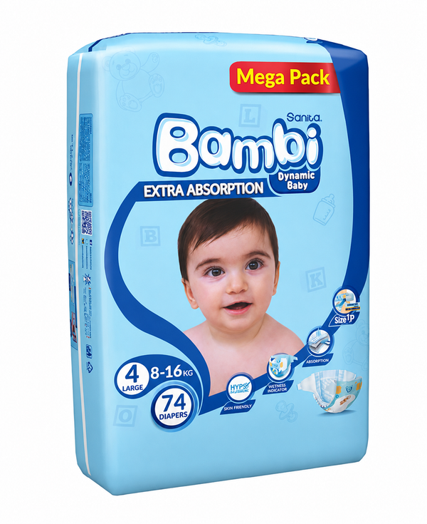 Bambi Size 4 Mega Pack Disposable Baby Diapers, Flexible Fit, 80 Count
