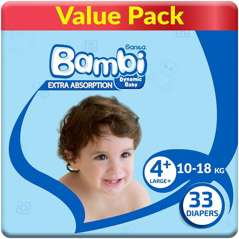 Bambi Baby Diapers Large+ Size 4, Extra Absorbency, 10-18 kg