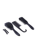 Hair System Hairbrush Set Detangling, Wide-Tooth Comb and Curl Defining Brush, Black, 3 Pieces