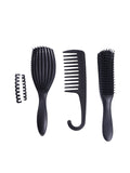 Hair System Hairbrush Set Detangling, Wide-Tooth Comb and Curl Defining Brush, Black, 3 Pieces