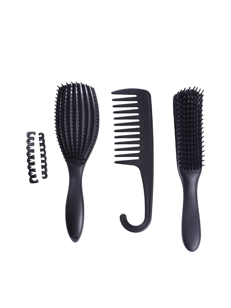 Hair System Hairbrush Set Detangling, Wide-Tooth Comb and Curl Defining Brush, Black, 3 Pieces