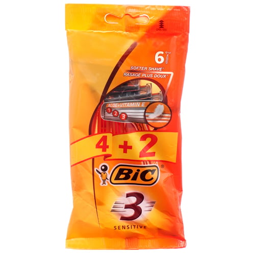 Bic Amwas Sensitive 3 Disposable Razors, Sensitive Skin, 4+2 Pack