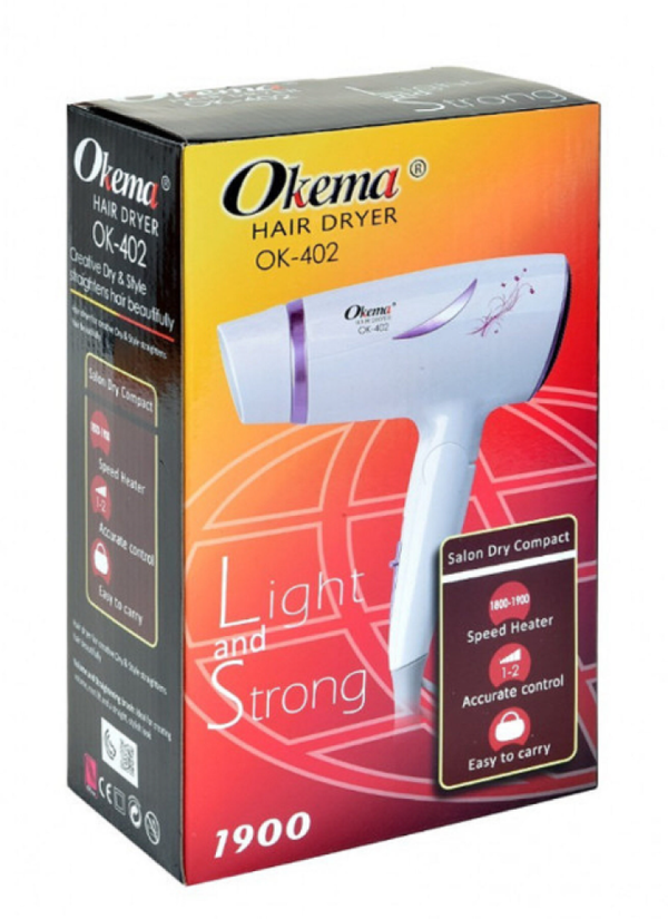 Okema OK402 Hair Dryer Fast Drying Adjustable Heat Control Lightweight Design