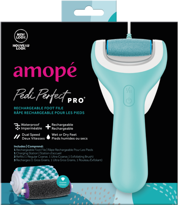 Amope Pedi Perfect Pro Electronic Foot File, Rechargeable Waterproof Callus Remover, Dual Speed with 3 Roller Heads