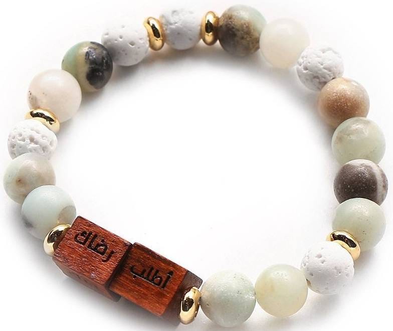 Min Maadan Alensan Amazonite Stone Elastic Bracelet, 12 Stones, Lava Beads and Wood Accents, Women's