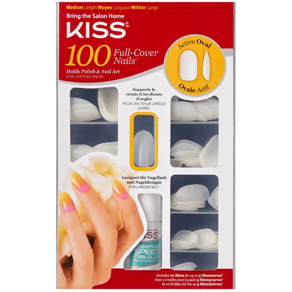 KISS 100 Full Cover Artificial Nails Active Oval with Pink Gel Glue