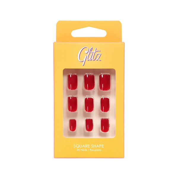 Glitz Nails Square Press-On Nails Red 01, 20-Piece Set, 5 Sizes