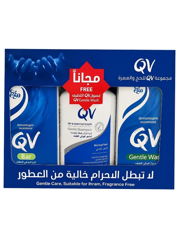 QV Hajj & Umrah Care Set Fragrance-Free Gentle Wash Shampoo Soap Bar 40 ml + 95 ml + 100 g