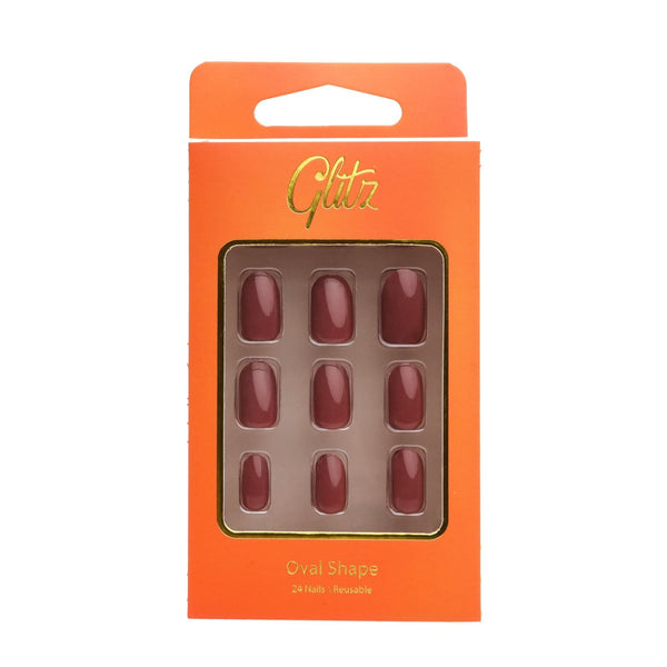 Glitz Nails Oval Press-On Nails Non-Toxic Reusable Maroon 20 Pieces