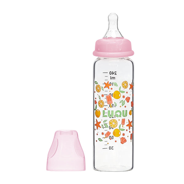 Luqu Glass Baby Bottle with Anti-Colic AVS Teat, Pink, 240ml