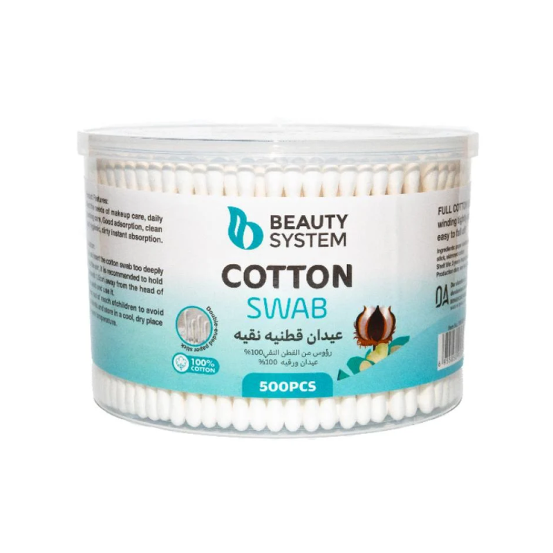 Beauty System Pure Cotton Wooden Sticks, Soft Cotton Swabs, 500 Pieces