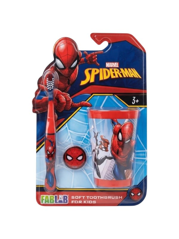 Fab Lab Spider-Man Kids Toothbrush and Cup Set, Soft Bristles, Toothbrush Cover, Assorted Colors