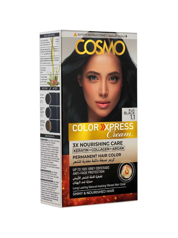 Cosmo Permanent Hair Color Cream Keratin Collagen Argan Oil Blue Black 1.1 124g