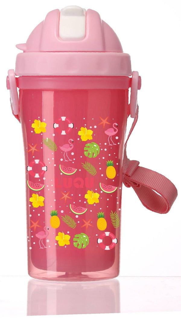 Luqu Double Insulated Sippy Cup Straw Bottle Pink 340 ml